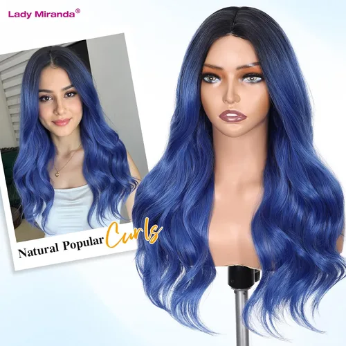 Miniatura 4 de Lady Miranda Pelucas de color azul degradado, largas, rizadas, onduladas, de fibra sintética, con parte lateral de raíz oscura, pelucas