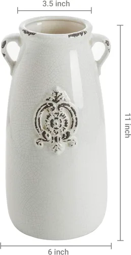 Miniatura 7 de MyGift Jarrón de cerámica blanca con mango y diseño de sello en relieve, jarrón antiguo en forma de jarra de flores de mesa Blanquecino