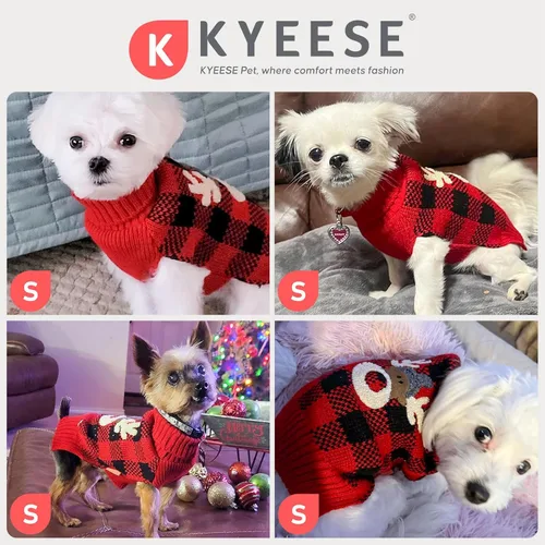 Miniatura 6 de KYEESE - Suéter de Navidad para perros con diseño de renos para perros pequeños, ropa a cuadros de búfalo rojo con agujero para la correa para días
