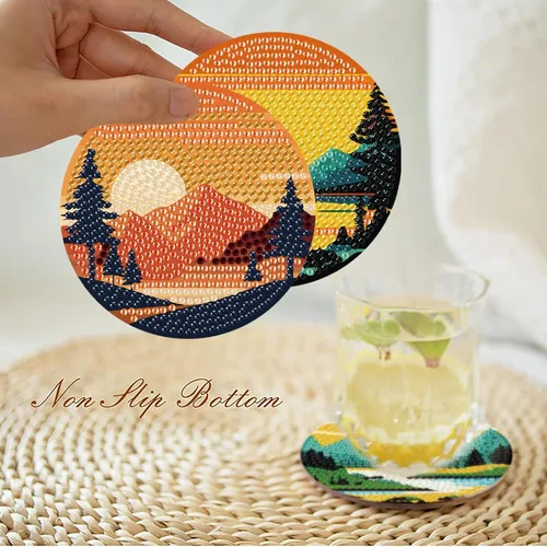 Miniatura 3 de Clendo Juego de 8 posavasos de arte de diamantes de paisaje con soporte, kits de arte de diamantes pequeños al atardecer para adultos principiantes