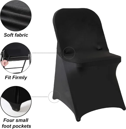 Miniatura 4 de Paquete de 6 fundas para sillas plegables de elastano negro en tela elástica lavable para bodas, fiestas, vacaciones, celebraciones y otros eventos