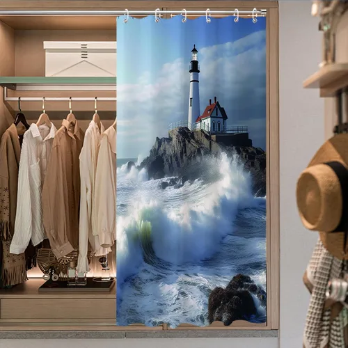 Miniatura 3 de Cortina de ducha con diseño de océano azul, faro, náutico, costero, escénico, naturaleza, rock, blanco, juego de decoración de baño, lavable a