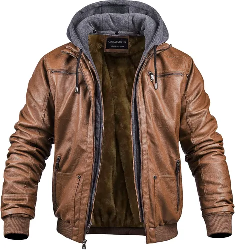 Miniatura 7 de CREATMO US Chaqueta de piel sintética para hombre, impermeable, resistente al viento, PU con capucha extraíble