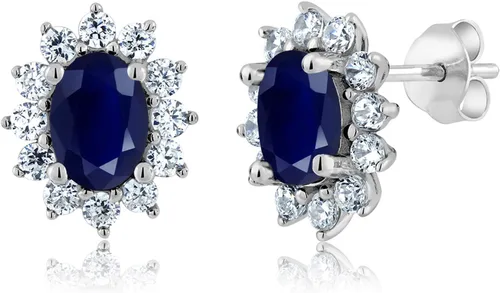 Miniatura 119 de Gem Stone King Aretes ovalados de plata de ley 925 de 0.276 x 0.197 in con piedra natal de la princesa Diana, estilo halo real para mujeres