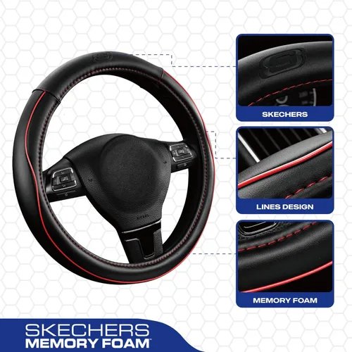 Miniatura 2 de Skechers Funda de volante de espuma viscoelástica, Funda de volante de microfibra con ribete y cuero deportivo de ajuste universal de 14" 1/2-15