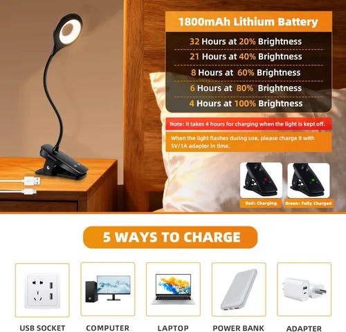 Miniatura 3 de Akynite Lámpara de escritorio LED con clip, 5 modos, 5 brillos regulables, luz de abrazadera regulable, batería recargable, lámpara de lectura Negro