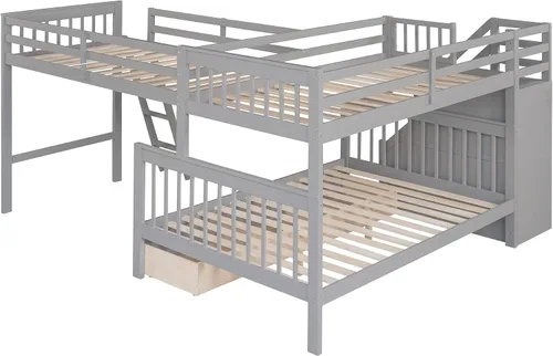 Miniatura 5 de Merax Litera con un loft adjunto, estructura de cama triple con cajones, barandillas y escaleras, plataforma gris, en forma de L, individual sobre