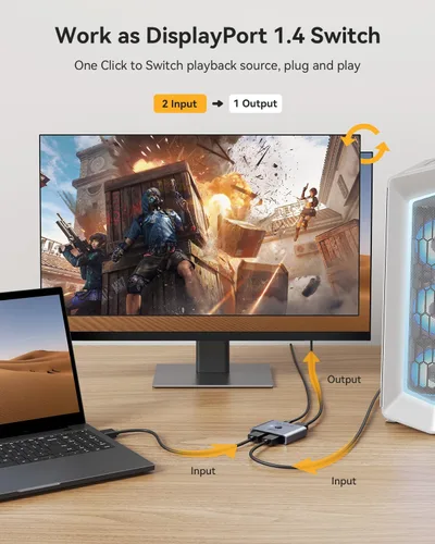 Miniatura 3 de Vilcome Conmutador DisplayPort 8K Splitter, Plug & Play, conmutación de un botón, caja de conmutación de puerto de pantalla bidireccional 2 en 1 Gris