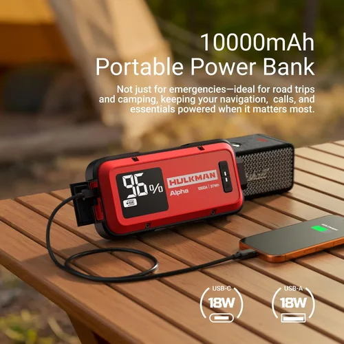 Miniatura 3 de Arrancador de batería Hulkman Alpha, Rojo Ultra, Arrancador de 1000 A, 37 Wh, ligero, elegante, caja de arranque de 12 V con cables de puente