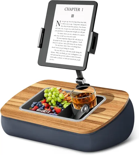ERGONOV Almohada de frijoles para tableta portátil, soporte ajustable para iPad con cuenco para snacks, clip giratorio de 360° para Kindle, teléfono