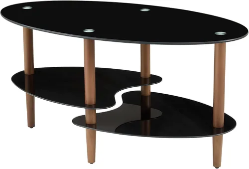 Miniatura 4 de Mesa de centro de cristal negro, mesa moderna ovalada para sala de estar con almacenamiento, patas de madera de roble, mesa central de vidrio