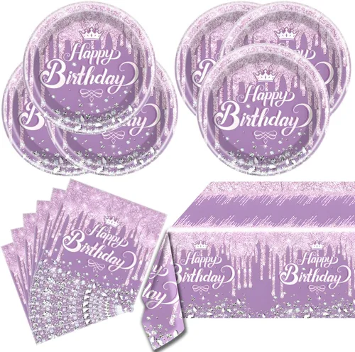 Miniatura 8 de Juego de vajilla de fiesta rosado oro rosa, tema de feliz cumpleaños rosado, 20 platos y 20 servilletas y manteles de 71'' x 42'' para niñas