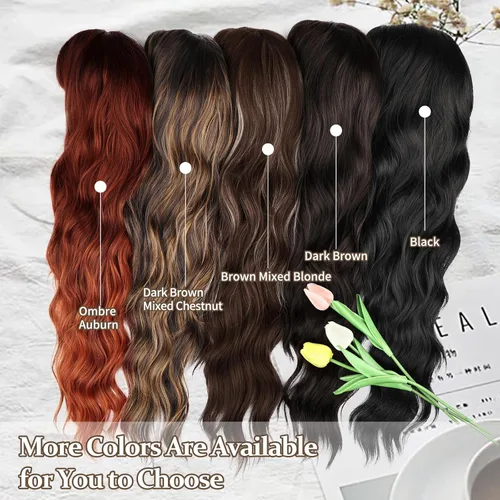 Miniatura 5 de NAYOO Pelucas marrones con flequillo para mujer, pelucas de cabello largo y ondulado, resistentes al calor, pelucas de fibra sintética para uso