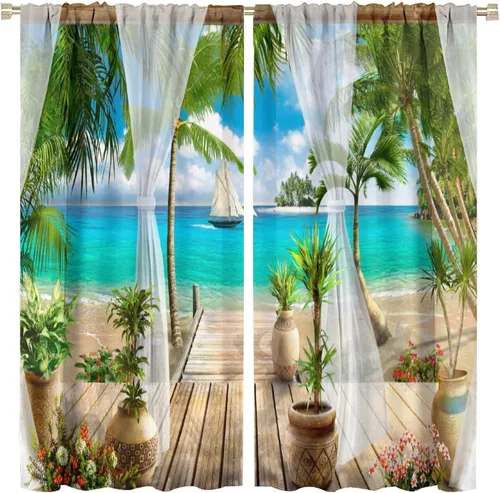 Miniatura 11 de Cortinas de playa con estampado de plantas tropicales y árboles de coco, paisaje natural, con bolsillo para barra, 2 paneles, decoración