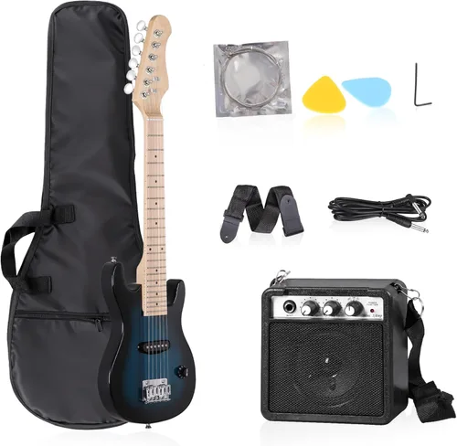 Miniatura 9 de Guitarra eléctrica de 30 pulgadas para niños, kits completos para principiantes con amplificador de 5 W, púas, bolso de concierto, correa, cable