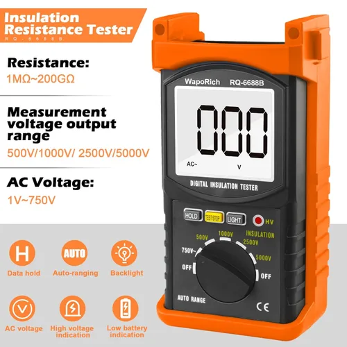 Miniatura 3 de Megohmmeter 200 Gig Ohm - Probador de resistencia de aislamiento digital de 500 V/1 kV/2.5 kV/5 kV, voltaje de rango automático, probador