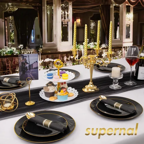 Miniatura 5 de Supernal Paquete de 60 cubiertos dorados, enrollados, preenvueltos con servilletas negras, cubiertos de plástico resistente, tenedores y cucharas