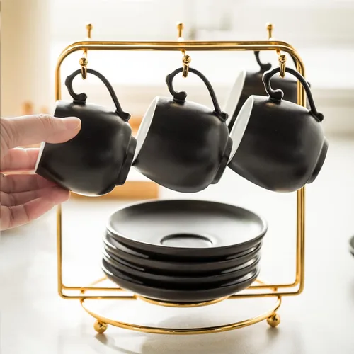 Miniatura 7 de LYEOBOH Juego de tazas de café expreso y platillos, taza de café de cerámica de 3 onzas, pequeñas tazas demitasses, tazas de café expreso con Negro