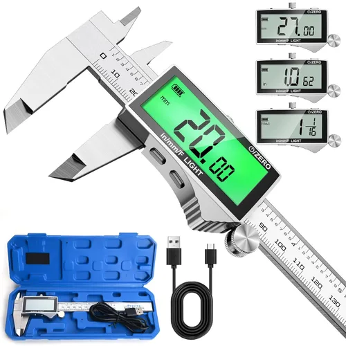 Miniatura 9 de Preciva Calibre digital de retroiluminación, micrómetro electrónico recargable impermeable IP54 de 6 pulgadas con pantalla LCD, conversiones