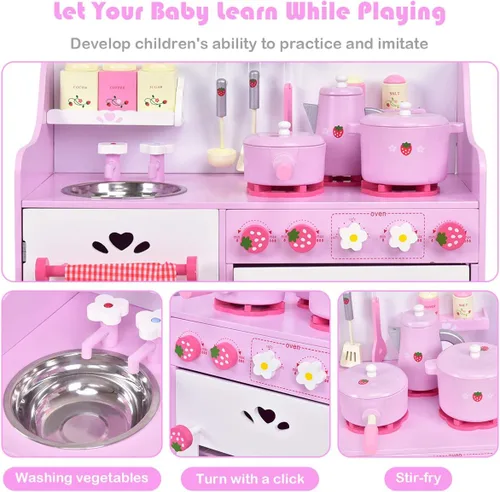 Miniatura 3 de HONEY JOY Juego de Cocina Rosa para Niños, Cocina de Juego de Simulación de Madera para Niños Pequeños, 13 Piezas de Utensilios de Cocina, Grifo