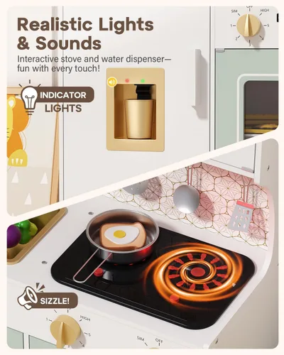 Miniatura 3 de Babytronic Juego de cocina de madera para niños, cocina de juego de simulación rosa con luces y sonidos, juguete de cocina de estilo retro para Verde