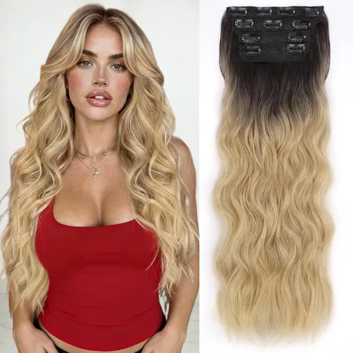 Miniatura 18 de ALXNAN Extensiones de cabello sintético largo y ondulado con clip, de 16 pulgadas, color negro natural, 4 piezas gruesas, fibra de doble trama