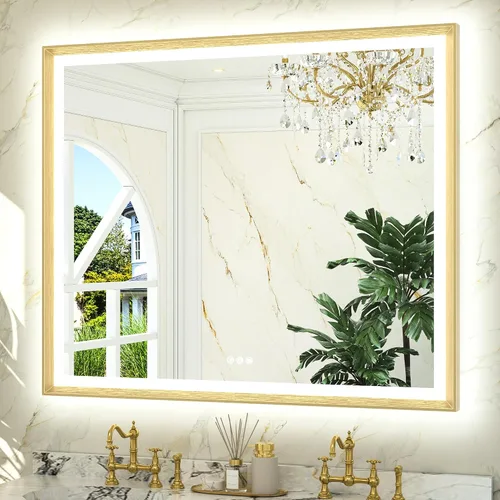 Miniatura 18 de TETOTE Espejo LED dorado para baño, marco de metal de 20 x 28 pulgadas, espejo de tocador iluminado frontal y retroiluminado, barroco, antiniebla