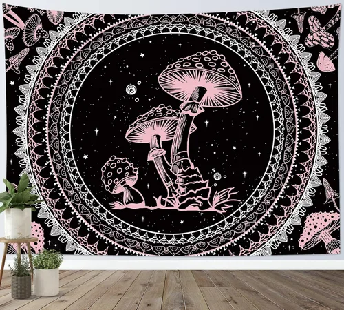 Miniatura 9 de SCECALA Tapiz bohemio de hongos, mandala blanco y negro para colgar en la pared para dormitorio, decoración bohemia del hogar, 60 x 40 pulgadas