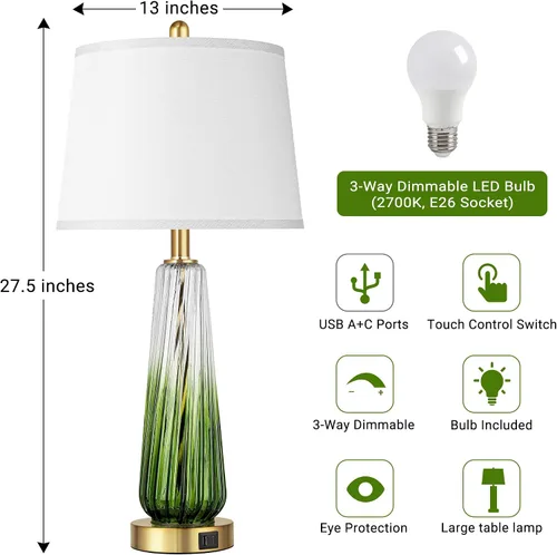 Miniatura 4 de Lámparas de mesa de vidrio para sala de estar, lámparas de noche modernas con puertos USB A+C, lámpara de mesita de noche de control táctil