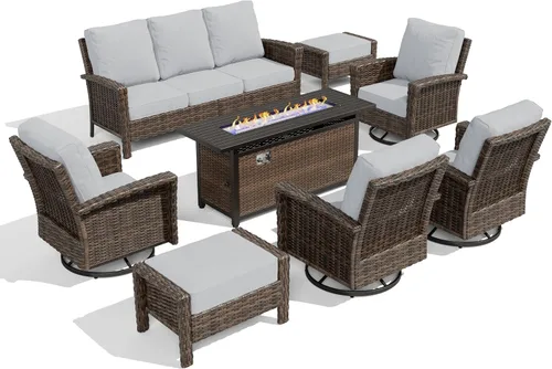 Miniatura 9 de HERA'S HOUSE - Juego de 8 muebles para exteriores con mesa de fogata, juego de conversación para patio con cojines de 14 cm de grosor y sillas Gris