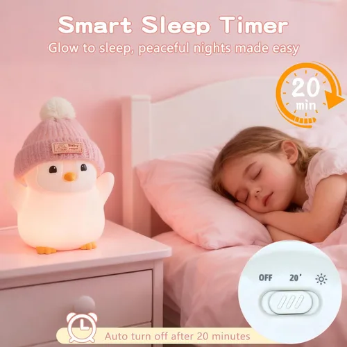 Miniatura 3 de FAMIDUO Luz nocturna de pingüino, bonita lámpara de pingüino rosa con sombrero de punto, luz nocturna de silicona suave para bebé, recargable