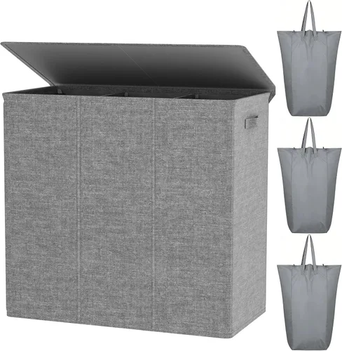 Miniatura 20 de WOWLIVE Cesta de lavandería de 100 litros con tapa, cesta plegable grande con 2 bolsas y asas extraíbles, cesta de ropa sucia plegable alta