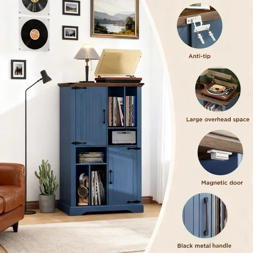 Miniatura 5 de Maupvit Soporte grande para tocadiscos, armario de almacenamiento de discos de vinilo azul marino de 47 pulgadas con puertas de granero, soporte