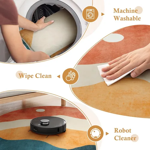 Miniatura 4 de Alfombras abstractas redondas de 5 pies para dormitorio, alfombra circular lavable antideslizante, alfombra de piso suave y colorida de pelo bajo