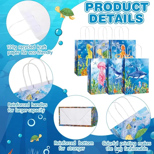 Miniatura 3 de Outus 24 bolsas de regalo para fiesta de animales marinos, temática oceánica, fiesta temática submarina, golosinas, bolsas con asa colorida