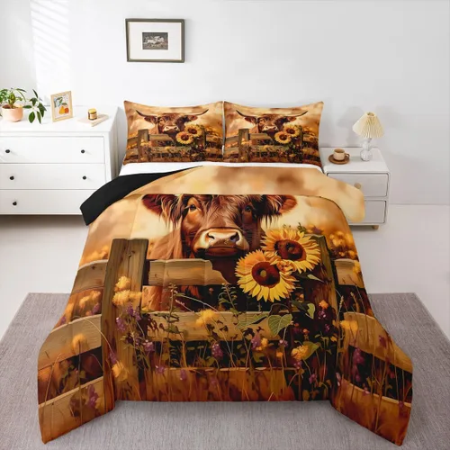 Miniatura 53 de Juego de ropa de cama de vaca de las tierras altas, edredón de ganado de las tierras altas, juego de edredón rosa floral de vaca occidental, juego