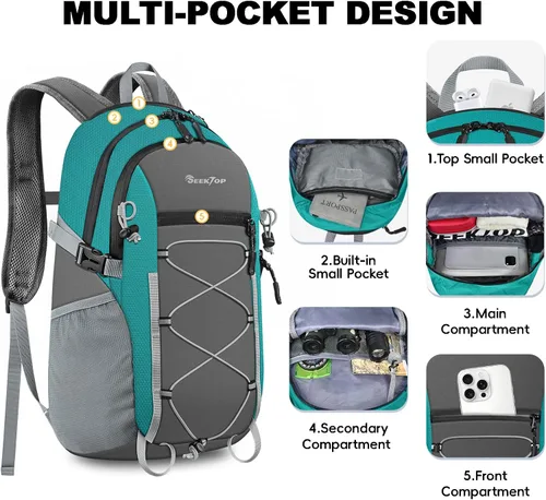 Miniatura 4 de Seektop - Mochila plegable impermeable de 20L para senderismo, mochila ultra ligera y pequeña para día, mochila compactable para hombre y mujer Verde