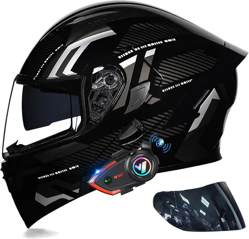 Miniatura 6 de Casco modular Bluetooth de doble visera para motocicleta, casco integrado abatible de cara completa, con Bluetooth impermeable que puede soportar