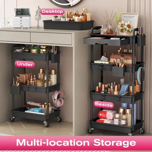Miniatura 6 de Goovilla Carrito Organizador de Maquillaje Rodante con Cajón Extraíble, Carrito de Almacenamiento de Cuidado de la Piel de 3 Niveles Estable Negro