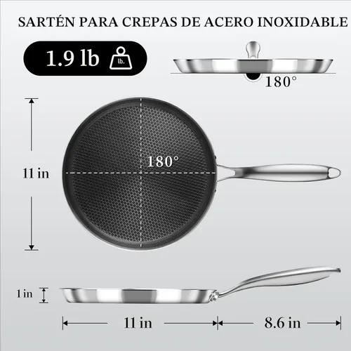 Miniatura 2 de Innerwell Sartén antiadherente para crepas de acero inoxidable de 11 pulgadas, con revestimiento de panal de abeja, sartén plana para tortillas