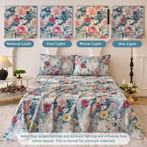 Miniatura 6 de Juego de sábanas de cama floral azul 100% algodón percal tamaño King, diseño vintage chic shabby, con patrón de peonía, ropa de cama suave y Monet