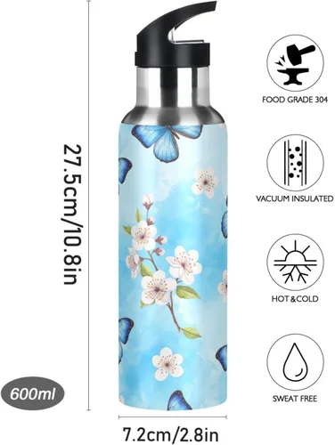 Miniatura 9 de Blue Butterflies Cherry Blossoms Insulated Stainless Steel Water Bottle with Straw 20 Oz, BPA-Free Sports Water Bottle Leakproof Water Bottles