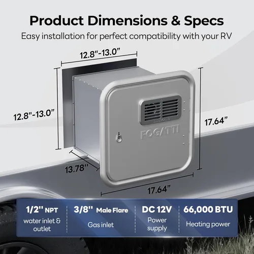 Miniatura 8 de FOGATTI Calentador de agua sin tanque para RV, 66,000 BTU máximos, 0.5-3.9 GPM de eficiencia energética, tanque de mezcla incorporado, puerta gris