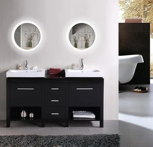Miniatura 2 de Krugg Espejo redondo LED de baño de 22 pulgadas de diámetro, espejo de tocador iluminado con atenuador y desempañador, cristal con respaldo plateado