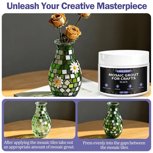 Miniatura 5 de Lechada de mosaico negro de 9 onzas, kit de lechada de mosaico con purpurina, arena de cristal transparente, fórmula impermeable, fácil de aplicar