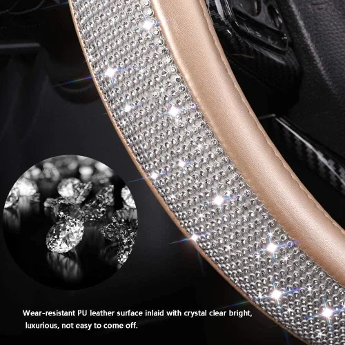 Miniatura 4 de Funda de volante de cuero con diamantes brillantes, fundas doradas para volante para mujeres y niñas con diamantes de imitación de cristal, Dorado
