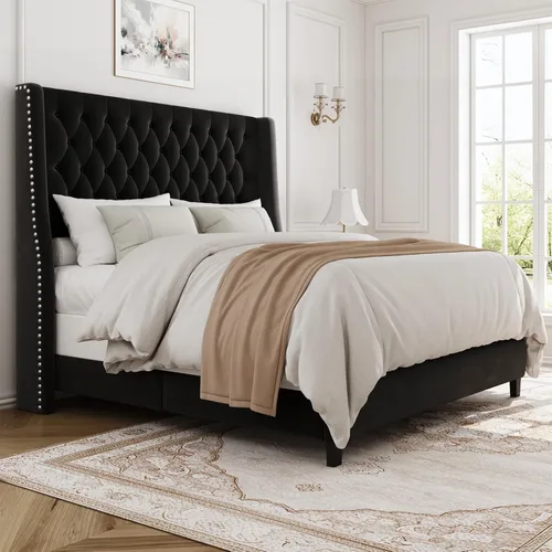 Miniatura 9 de Base de cama tamaño Queen con cabecera de 140 cm de altura, somier tapizado, tela suave, cabecera acolchada con botones y respaldo, cama con Beige