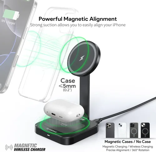 Miniatura 3 de Estación de carga inalámbrica magnética 2 en 1, soporte de cargador plegable para iPhone 17/16/15/14, almohadilla de carga AirPods, cargador