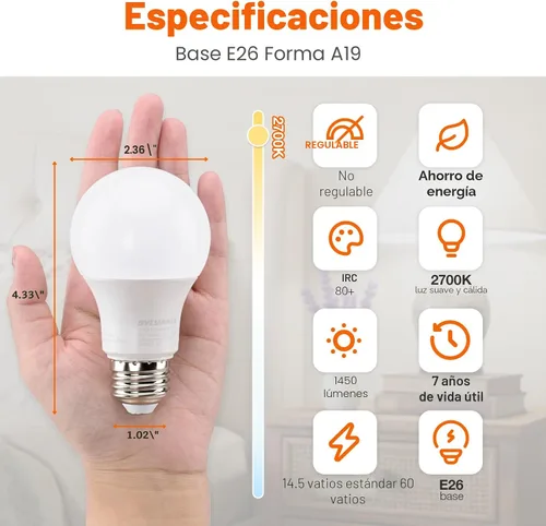 Miniatura 2 de Sylvania ECO - Bombilla LED A19, equivalente a 100 W, eficiente 14.5 W, 7 años, 1450 lúmenes, no regulable, esmerilada, 2700 K, blanco suave