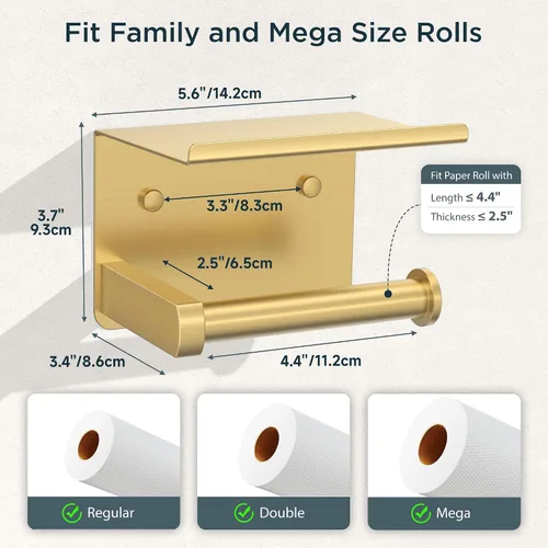 Miniatura 3 de Portarrollos de papel higiénico con estante, montaje en pared adhesivo o con tornillos, portarrollos de papel higiénico para baño, dispensador